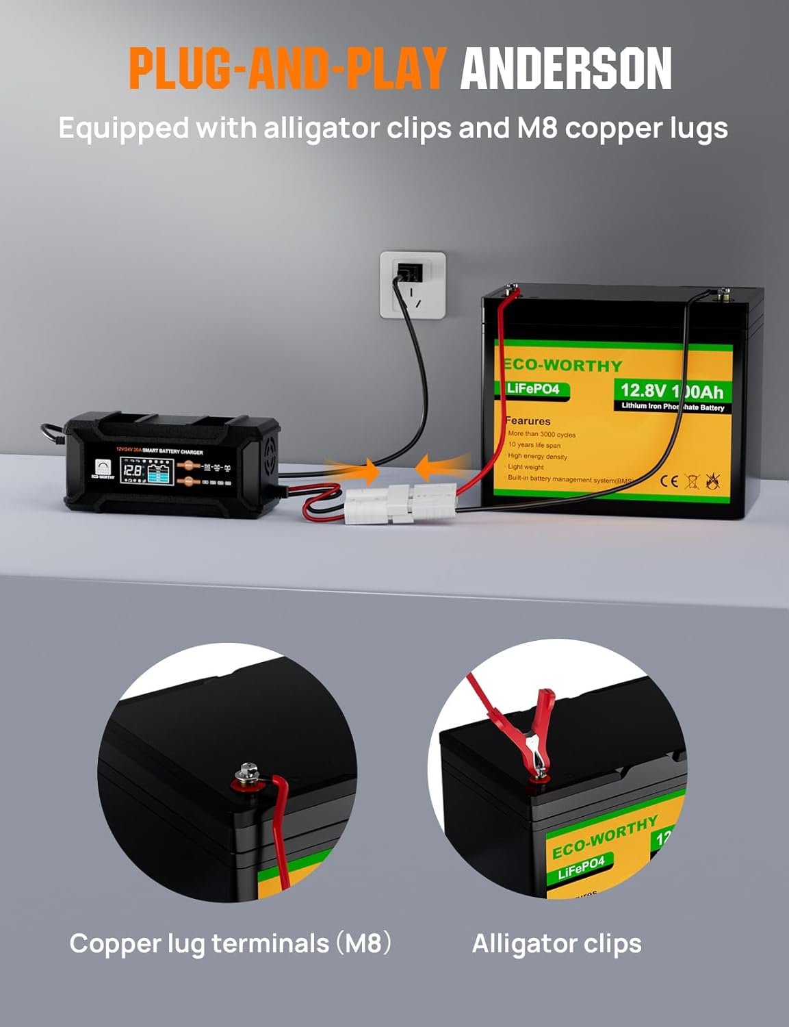 ECO-Worthy 12V/24V 20A Smart Battery Charger Maintainer, Auto Voltage Detect for LiFePO4 Lead-Acid with Multi-Current Options 5A/10A/15A/20A, Trickle Charger for Car Motorcycle Lawn Mower RV Camping - Image 7