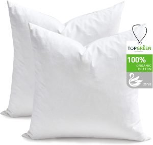 Feathers Down Pillow Inserts 26×26, Set of 2, Euro Pillow Insert with 100% Organic Cotton Shell, Soft Decorative Throw Pillow for Living Room, Sofa, Couch, or Bed (White)