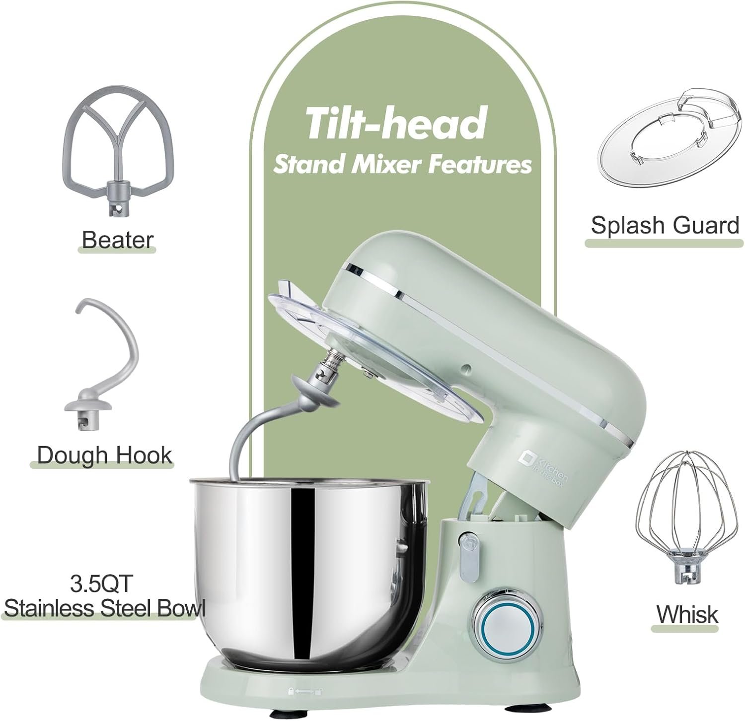 Kitchen in the Box Stand Mixer, 3.5 QT Small Kitchen Electric Stand Mixers, 10-Speed Portable Lightweight Dough Mixer for Daily Use with Egg Whisk, Dough Hook, Beater (Light Green) - Image 6