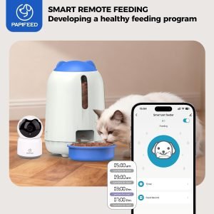 PAPIFEED 3L Automatic Cat Feeder and External Camera, 2.4G WiFi Auto Pet Feeder with App Control and Dual Power Supply, 1080P HD Video with Enhanced IR Night Vision, Two-Way Voice Call Camera, Blue