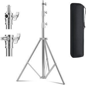Stainless Steel Heavy Duty Light Stand, 9.2ft/2.8m Spring Cushioned Photography Tripod Stand with 1/4″ to 3/8″ Screw Adapter and Carrying Bag for Strobe, LED Video Light, Monolight, Softbox