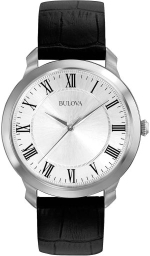 Bulova Men’s Classic 3-Hand Quartz Black Leather Strap Watch, Roman Numeral Markers, 41mm