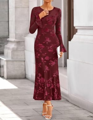 ZESICA Women’s 2025 Bell Long Sleeve Floral Maxi Dress Fall Fashion Bodycon Mesh Wedding Guest Cocktail Party Dresses