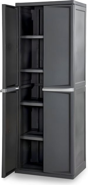 Sterilite 4 Shelf Cabinet, Lockable Utility Storage w/ Adjustable Shelves, Gray – Plastic Shelving Unit for Organizing Garage, Pantry, Basement, Laundry Room or Mudroom