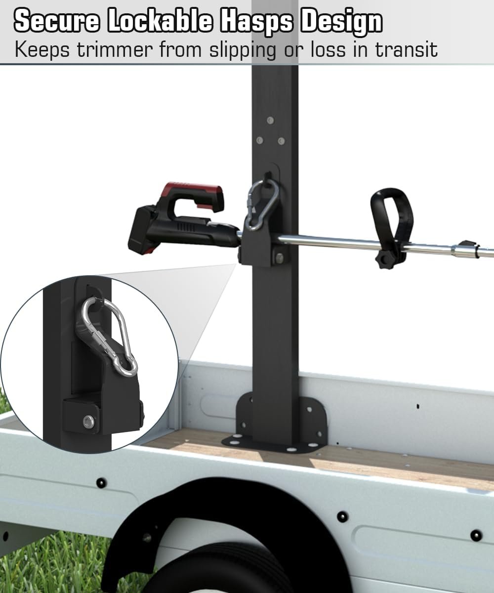 Koutemie 3 Place Weed Eater Rack for Open Trailer, Weedeater Rack with Lockable Hasp Mount on Landscape Trailer Truck, Enclosed Trimmer Rack Carrier with Trim Line Holder for Yard Lawn Tools Equipment - Image 4