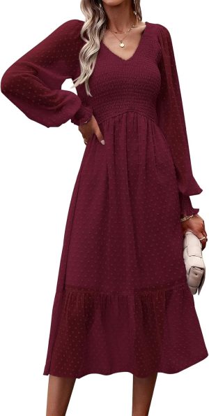 PRETTYGARDEN Women’s Fall Dresses 2025 Long Sleeve V Neck Swiss Dot Empire Waist Chi...