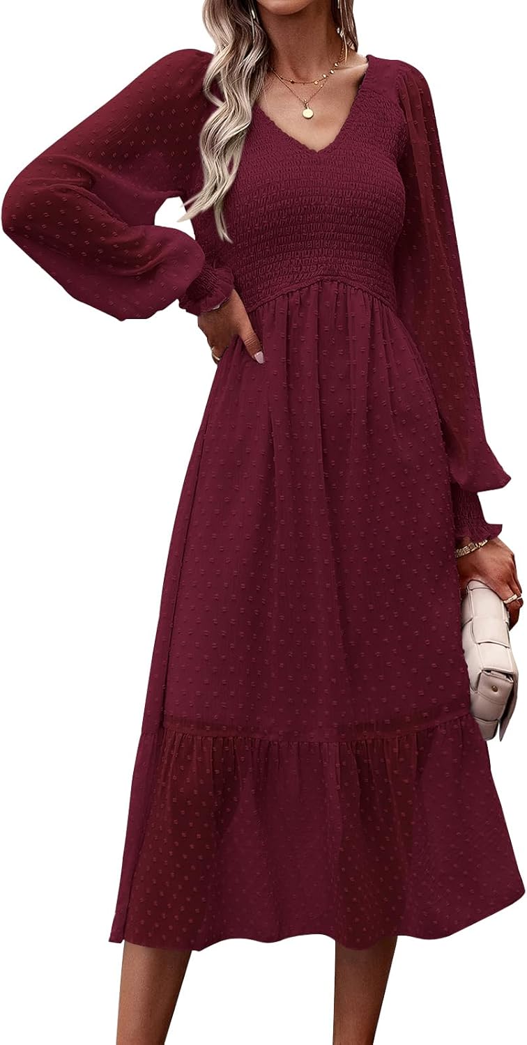 PRETTYGARDEN Women's Fall Dresses 2025 Long Sleeve V Neck Swiss Dot Empire Waist Chiffon Dress Ruffle Smocked Midi Dresses