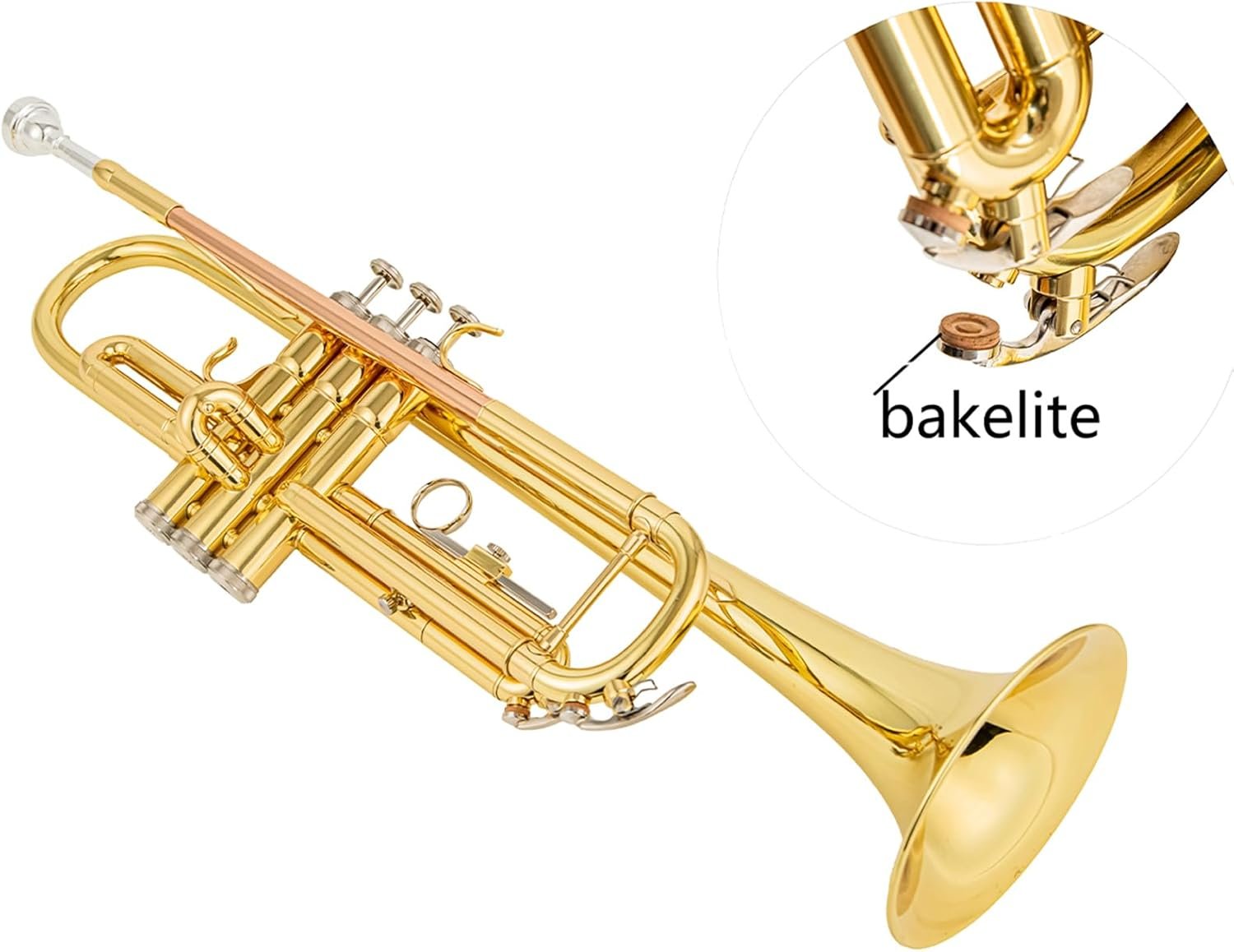bb trumpet 6331 brass b flat trumpet for beginners and intermediate players copper leadpipe gold lacquer finish stainless steel valves phosphorus hard case and accessories included - Image 4