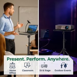 Laptop Stand Tripod from 23″ to 63″ with Tray and Phone Mount –Foldable Portable Laptop Holder for Projector, DJ, Stage, Office, Home, Studio & Presentation –15kg Strong, Stable & Multipurpose Design