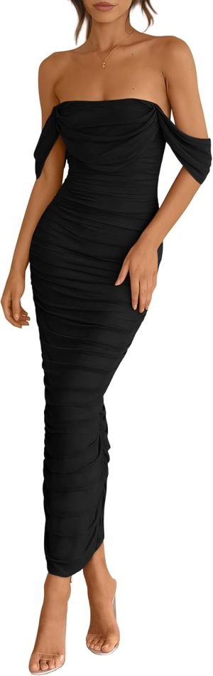 PRETTYGARDEN Womens 2025 Summer Off The Shoulder Dress Ruched Bodycon Sleeveless Split Coc...