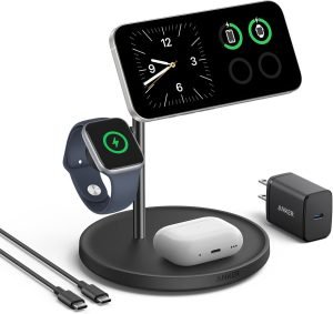 Anker MagSafe Charger Stand, iPhone 17 Wireless Charging Station, MagGo 3 in 1 Charging Station, Qi2 Certified 15W Wireless Charger, Desk Accessory, for iPhone 17/16/15/14/13/12, Apple Watch, AirPods