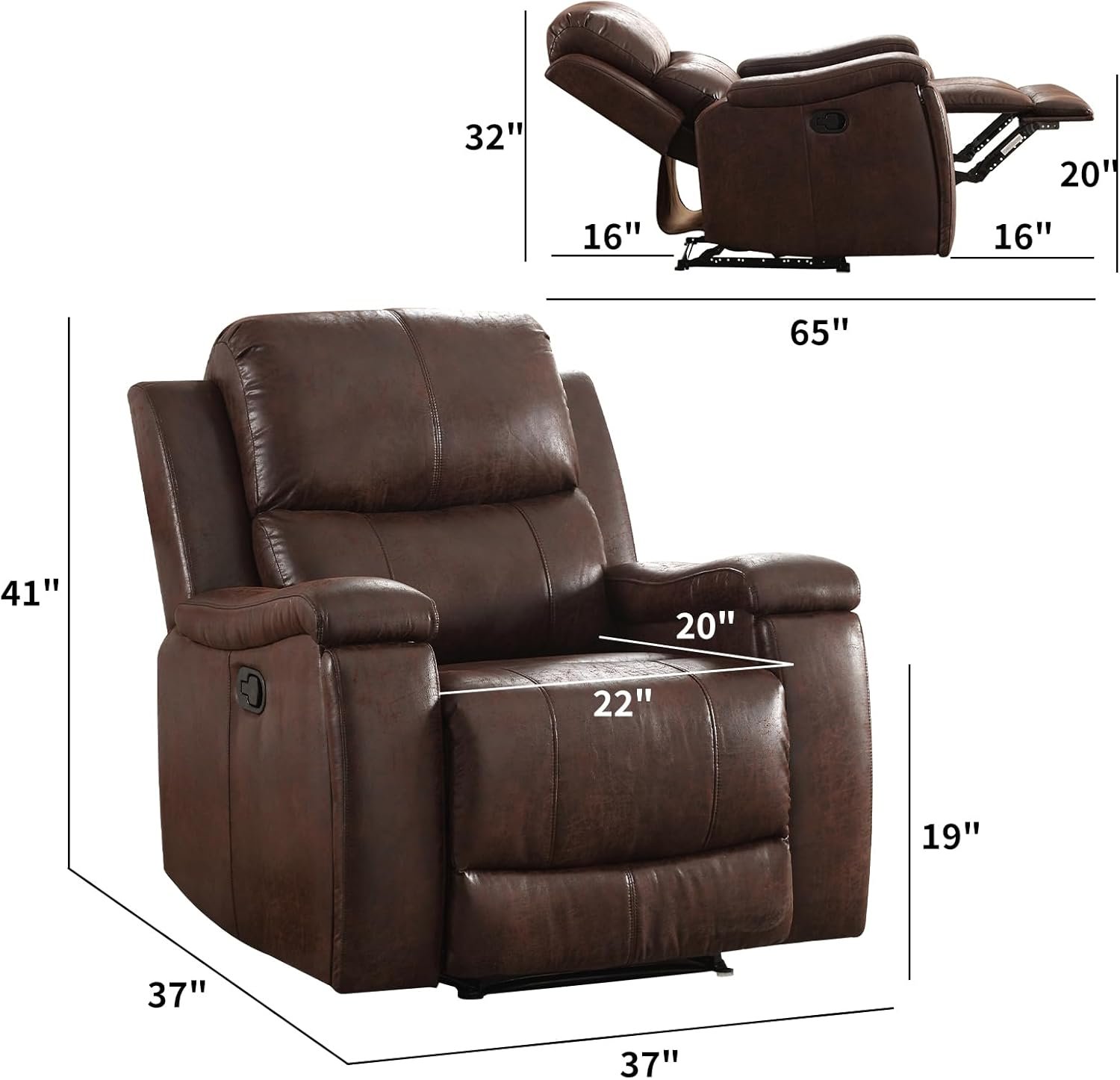 CANMOV Leather Recliner Chair, Classic and Traditional Manual Recliner Chair with Overstuffed Arms and Back, Manual Single Sofa with Concealed Cup Holders,Red Brown - Image 2