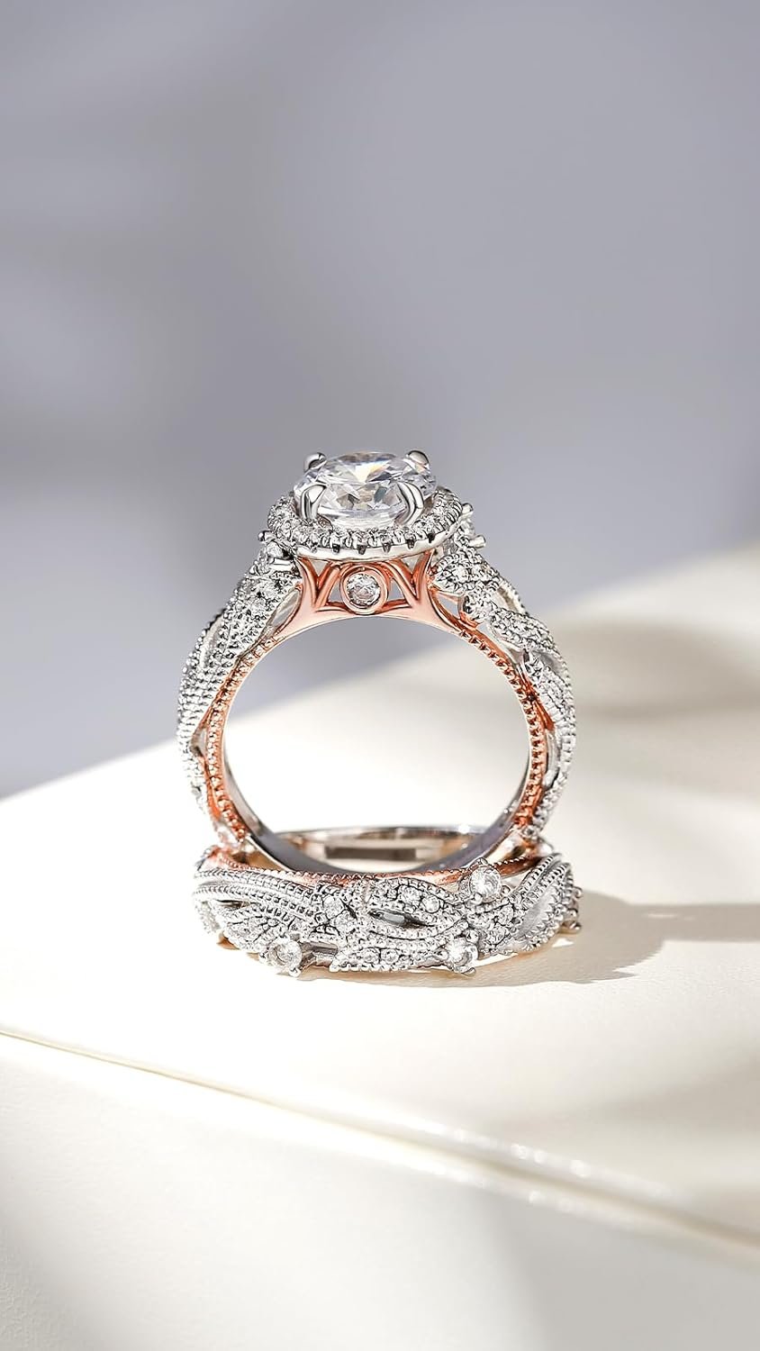 Jeulia 4 Carat Openwork Ring Sets for Women 925 Sterling Silver Wedding Sets Rose Gold Round Cut Halo Engagement Ring White Diamond band CZ Solitaire Anniversary Promise Rings - Image 5