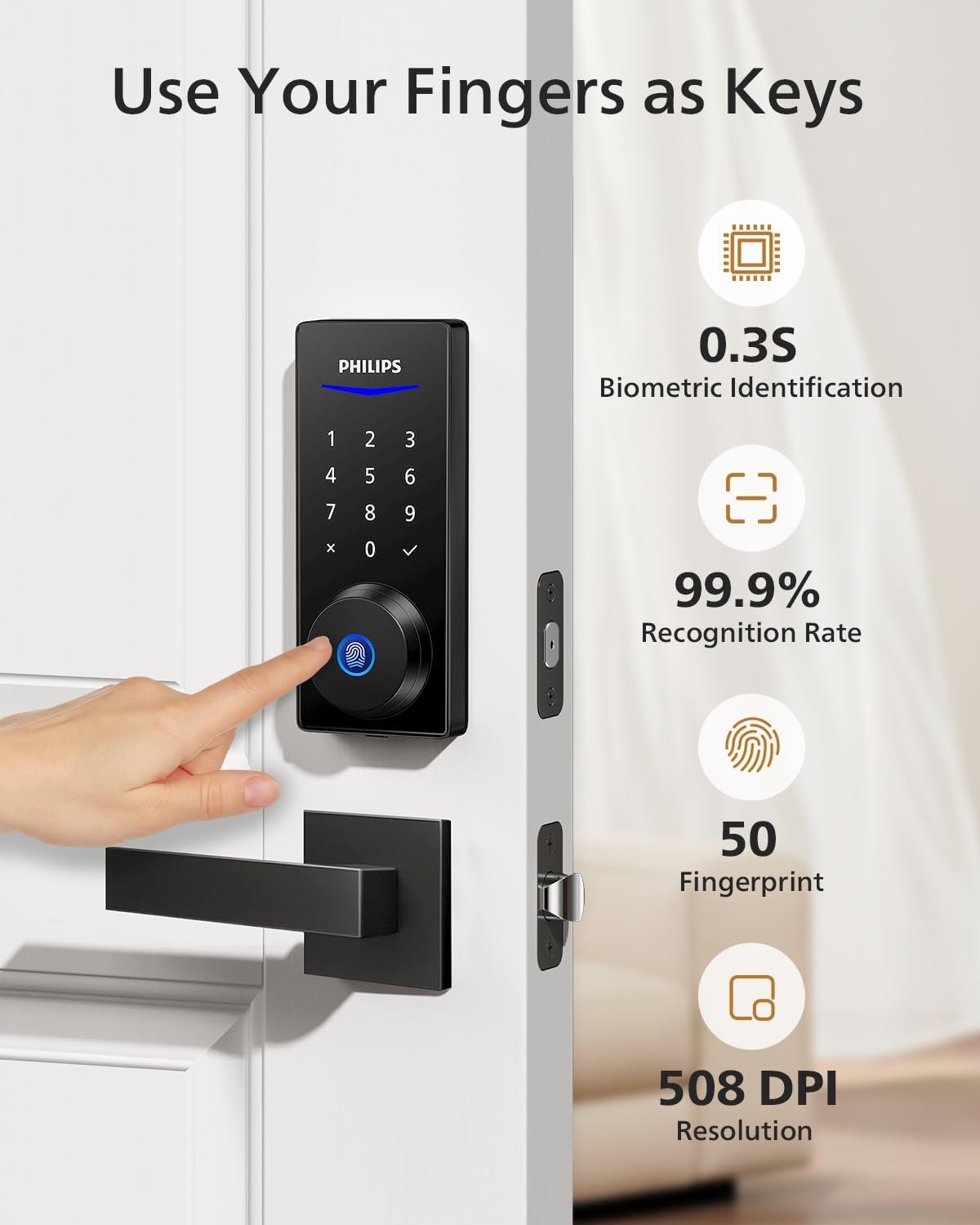 Philips Smart Lock with Handles, Keyless Entry Door Lock Set, Smart Door Lock with 2 Level Handles, Digital Keypad Deadbolt for Front Door, App Fingerprint PIN Code Unlocking, Auto Locking - Image 4