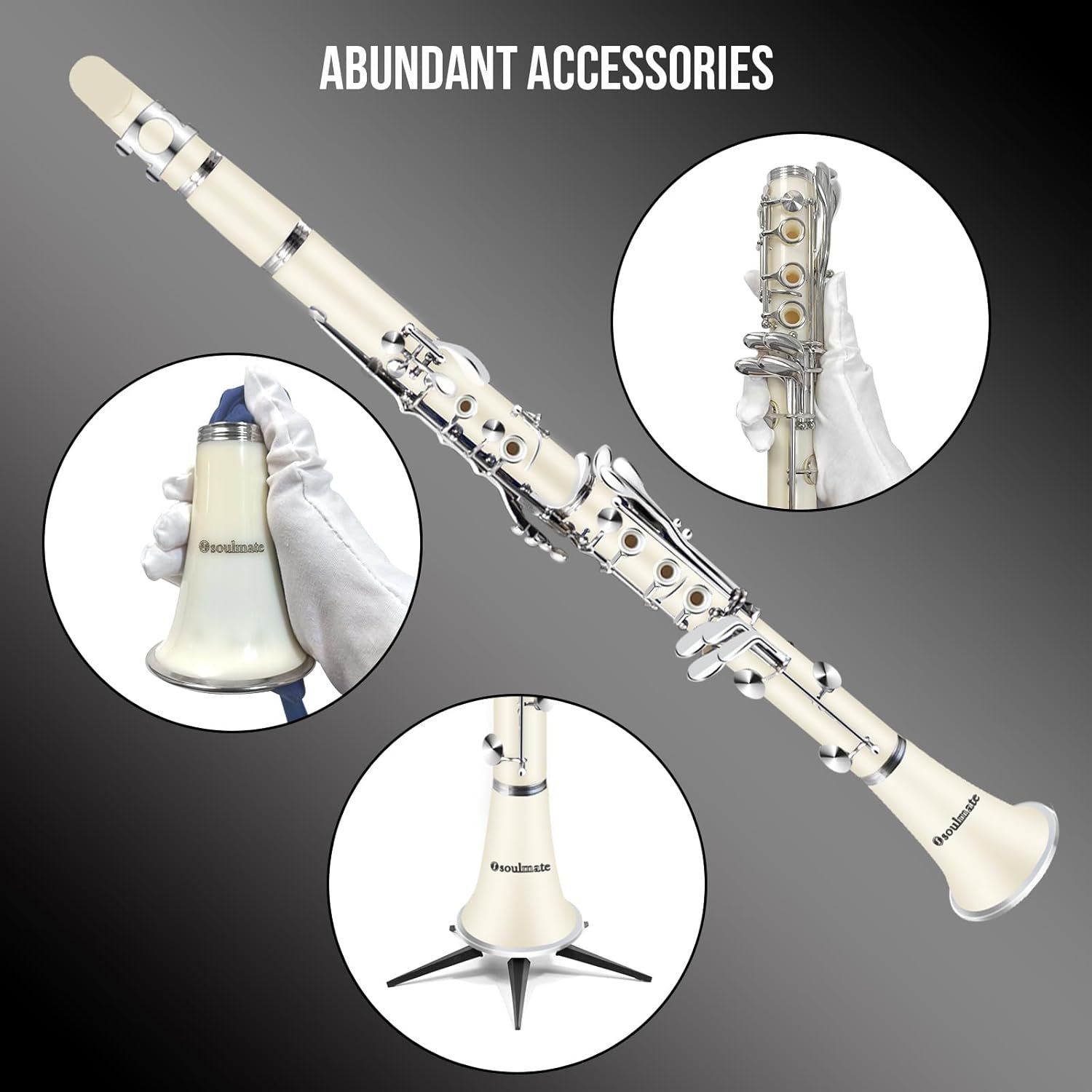 Soulmate Clarinet for Beginner Student Adults 17 Nickel-plated Keys Bb Flat with 2 Barrels 10 Reeds Hard Case and Clarinet Cleaning Kit, Woodwind Band & Orchestra Musical Instruments, White - Image 7