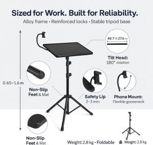 Laptop Stand Tripod from 23″ to 63″ with Tray and Phone Mount –Foldable Portable Laptop Holder for Projector, DJ, Stage, Office, Home, Studio & Presentation –15kg Strong, Stable & Multipurpose Design