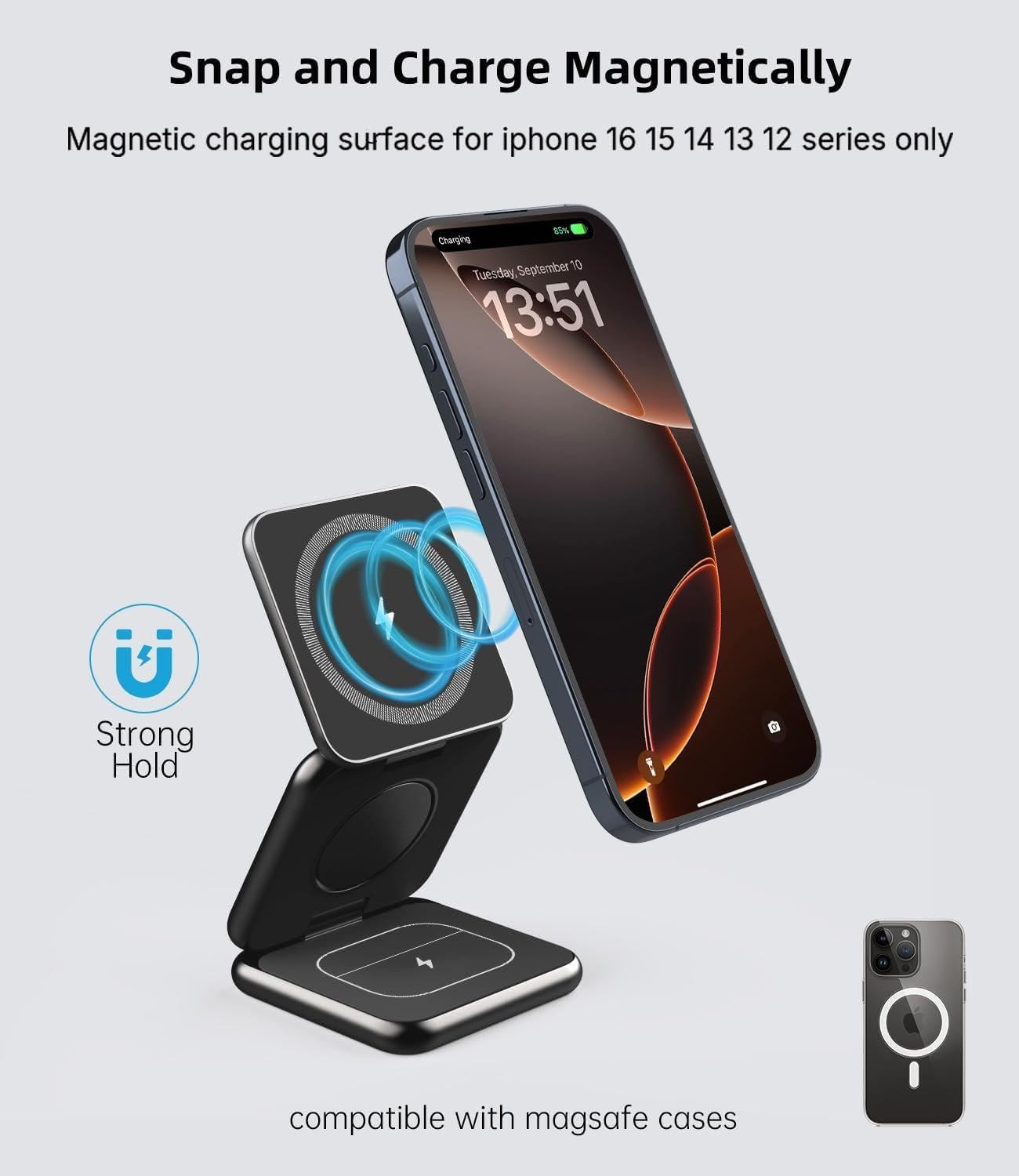 Foldable Magnetic Wireless Charger, KU XIU X40 Aluminum Alloy 3 in 1 Charging Station for Apple, Fast Charging Travel Charger for iPhone 17 16 15 14 13 12, 5W for Apple Watch & AirPods, Black - Image 3