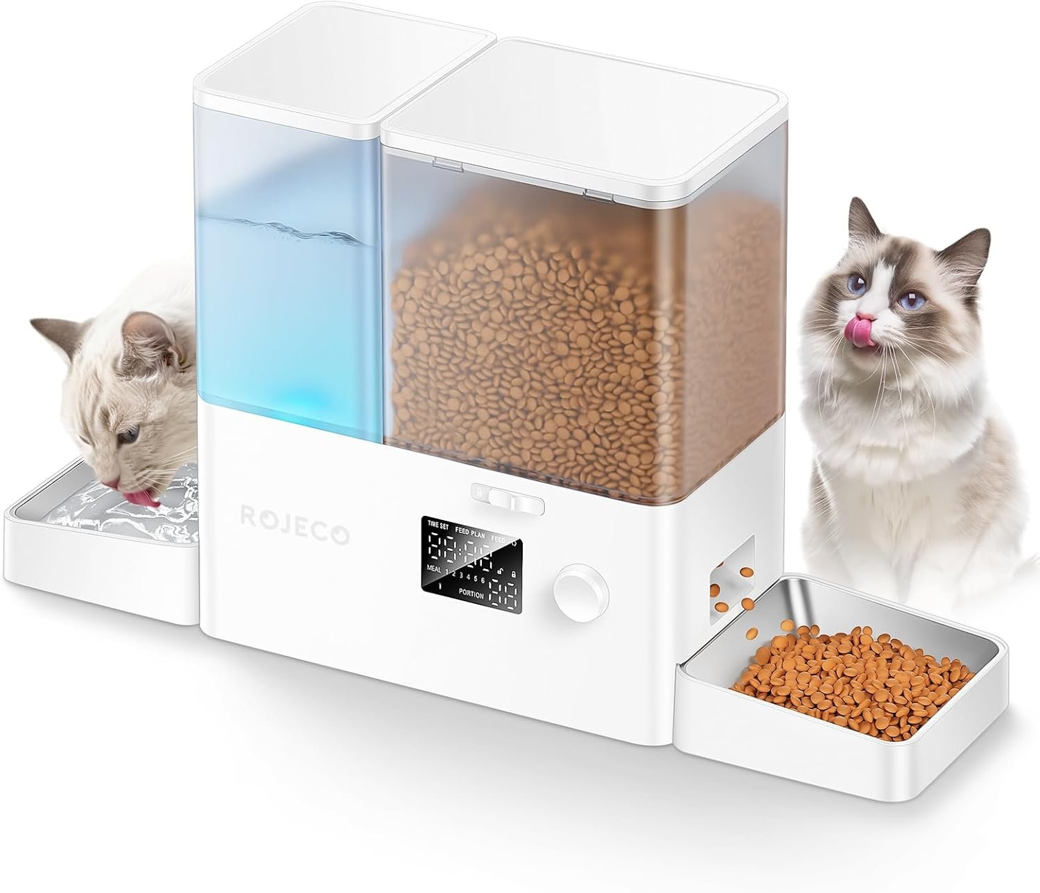 Rojeco 36Cups/8.5L Pet Automatic Cat Feeder and Gravity Water Dispenser,Stainless Steel Bowls 2-in-1 Set Large Capacity 5L Food Feeder and 3.5L Water Fountain for Cats,Pets,Small Dogs,Puppies,Kittens