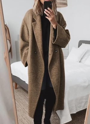 chouyatou Women’s Winter Double Breasted Wool Coat Long Sleeve Notch Lapel Long Tren...