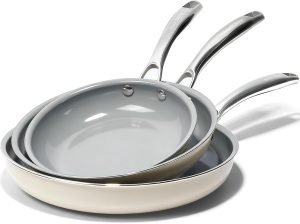 Kikcoin Ceramic Nonstick Frying Pan Skillets – 3 Sizes Omelette Pans for Healthly Cooking, 8+9.5+11 Inch Egg Pan with Stay Cool Handle, Free of PFAS PFOA PTEE, Oven/Dishwasher Safe for Busy Kitchen