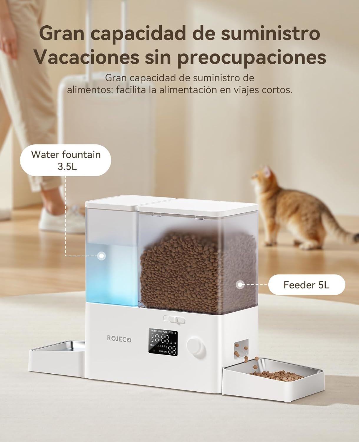 Rojeco 36Cups/8.5L Pet Automatic Cat Feeder and Gravity Water Dispenser,Stainless Steel Bowls 2-in-1 Set Large Capacity 5L Food Feeder and 3.5L Water Fountain for Cats,Pets,Small Dogs,Puppies,Kittens - Image 6