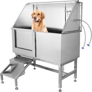 Garvee 50” Dog Grooming Tub, Professional Dog Washing Station with Retractable Stairs, Stainless Steel Pet Bathtub for Small & Large Dog, Left Door