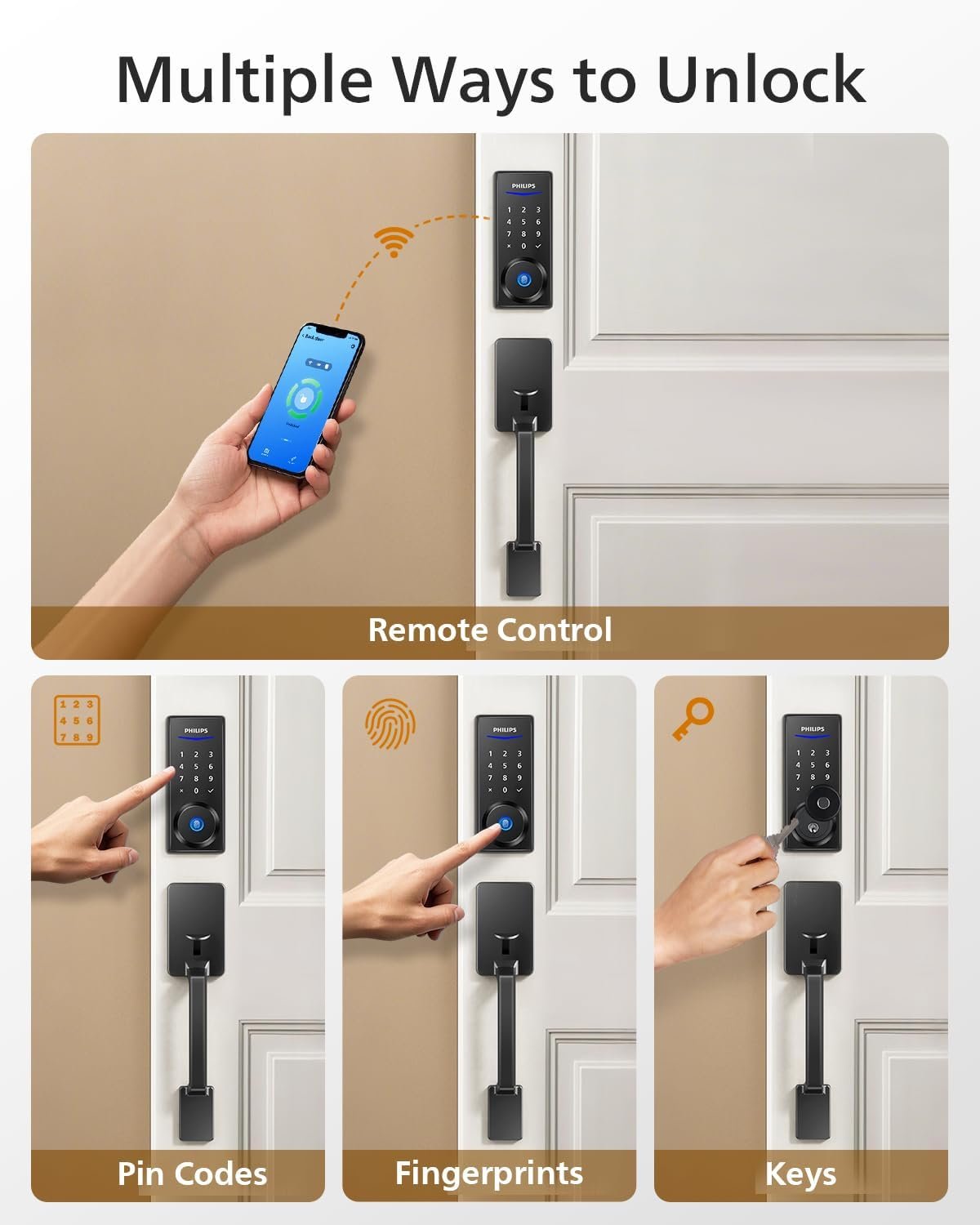 Philips Wi-Fi Smart Lock with Handle, Keyless Entry Keypad Door Lock with Handle, Front Door Deadbolt Set with WiFi Gateway, App Control, Fingerprint Unlock, PIN Code Unlock, Auto Locking - Image 2