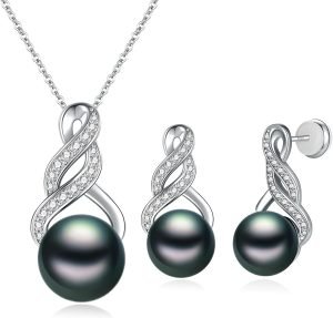 Pearl Necklace and Earring Set for Women – 925 Sterling Silver Pearl Jewelry Set Rhodium/Gold Plated Anniversary Birthday Gifts for Her Packaged in Preserved Rose Box
