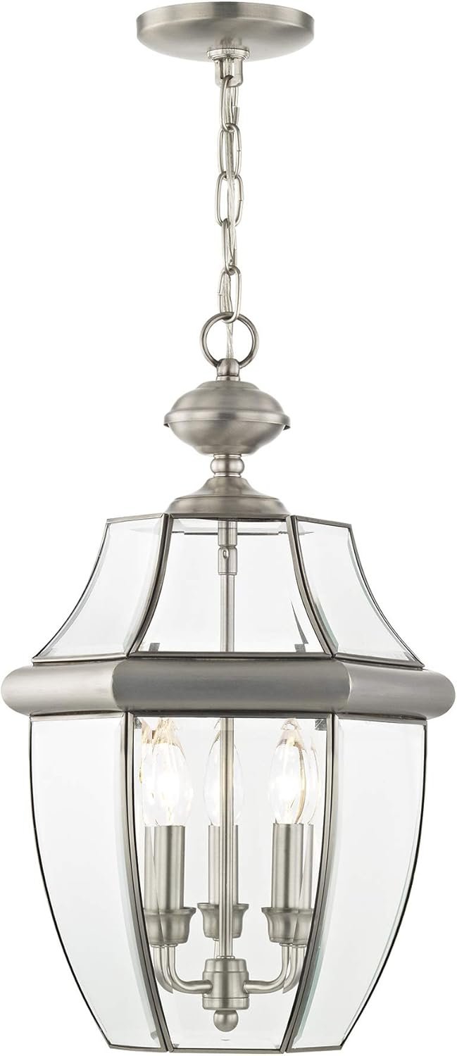 Livex Lighting 2355-91 Monterey 3 Light Outdoor Brushed Nickel Finish Solid Brass Hanging Lantern with Clear Beveled Glass - Image 5
