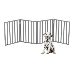 Pet Gate – 4-Panel Indoor Foldable Dog Fence for Stairs, Hallways, or Doorways – 72×24-Inch Retractable Wood Freestanding Dog Gates by PETMAKER (Gray)