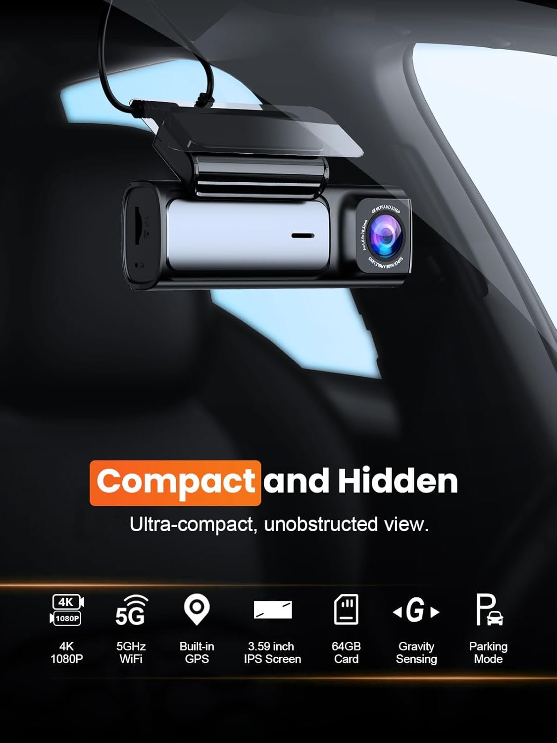 4K Dash Cam Front and Rear, Built-in 5G WiFi GPS, 64GB Card Included, 3.59'' IPS Screen Dash Camera for Cars, Dual Dashcam with G-Sensor, Loop Recording, WDR, Night Vision, 24H Parking Monitor - Image 2