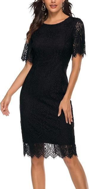 MEROKEETY Women’s Short Sleeve Lace Floral Cocktail Dress Crew Neck Knee Length for ...
