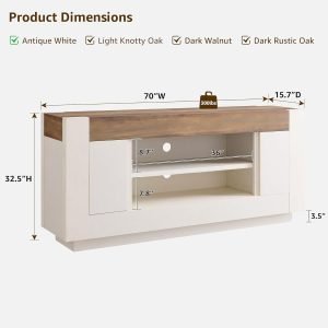 OKD Modern 70″ TV Stand, Entertainment Center for TVs Up to 80″, Media Console with Large Open Storage & Side Cabinets, Thick Wood Design for Living Room, Antique White