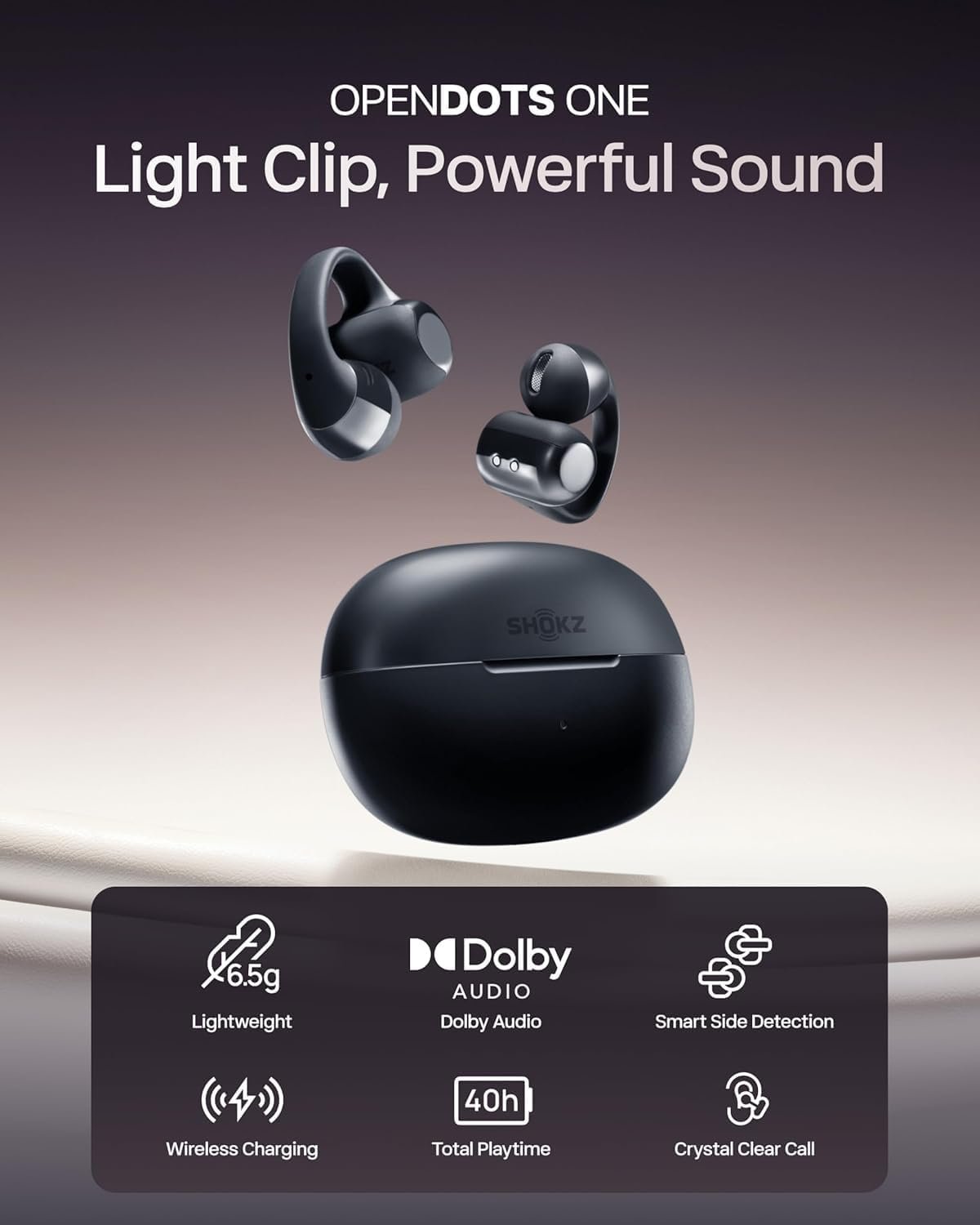 SHOKZ OpenDots ONE-Open-Ear Headphones, Clip-On Earbuds-Wireless Bluetooth Earbuds with Microphone-Secure, Lightweight, Comfort-Premium Dolby Audio-Water Resistant-Fast Charging-Up to 40 hrs Playtime - Image 3