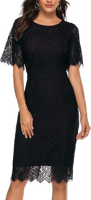 MEROKEETY Women’s Short Sleeve Lace Floral Cocktail Dress Crew Neck Knee Length for ...