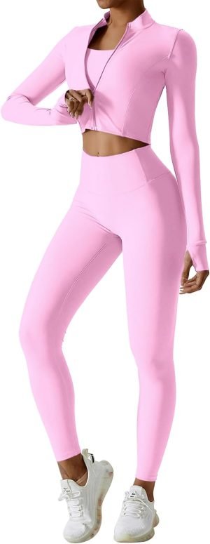 Workout Sets for Women 3 Piece Long Sleeve Zip Up Jacket, Crop Top, High Waisted Yoga Legg...