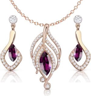 Crystalline Azuria Crystals Simulated Purple Amethyst Set Pendant Necklace 18 inches Earrings 18K Rose Gold Plated for Women