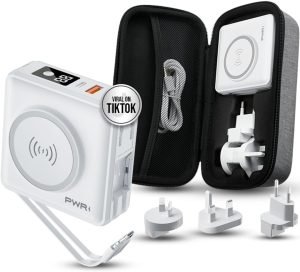 PWR Travel PRO 5-in-1 Power Bank with Case Included – 10,000mAh with Built-in Cables – 20W USB-C + 15W Wireless Charging – Compact Portable Charger for iPhone & Android – White