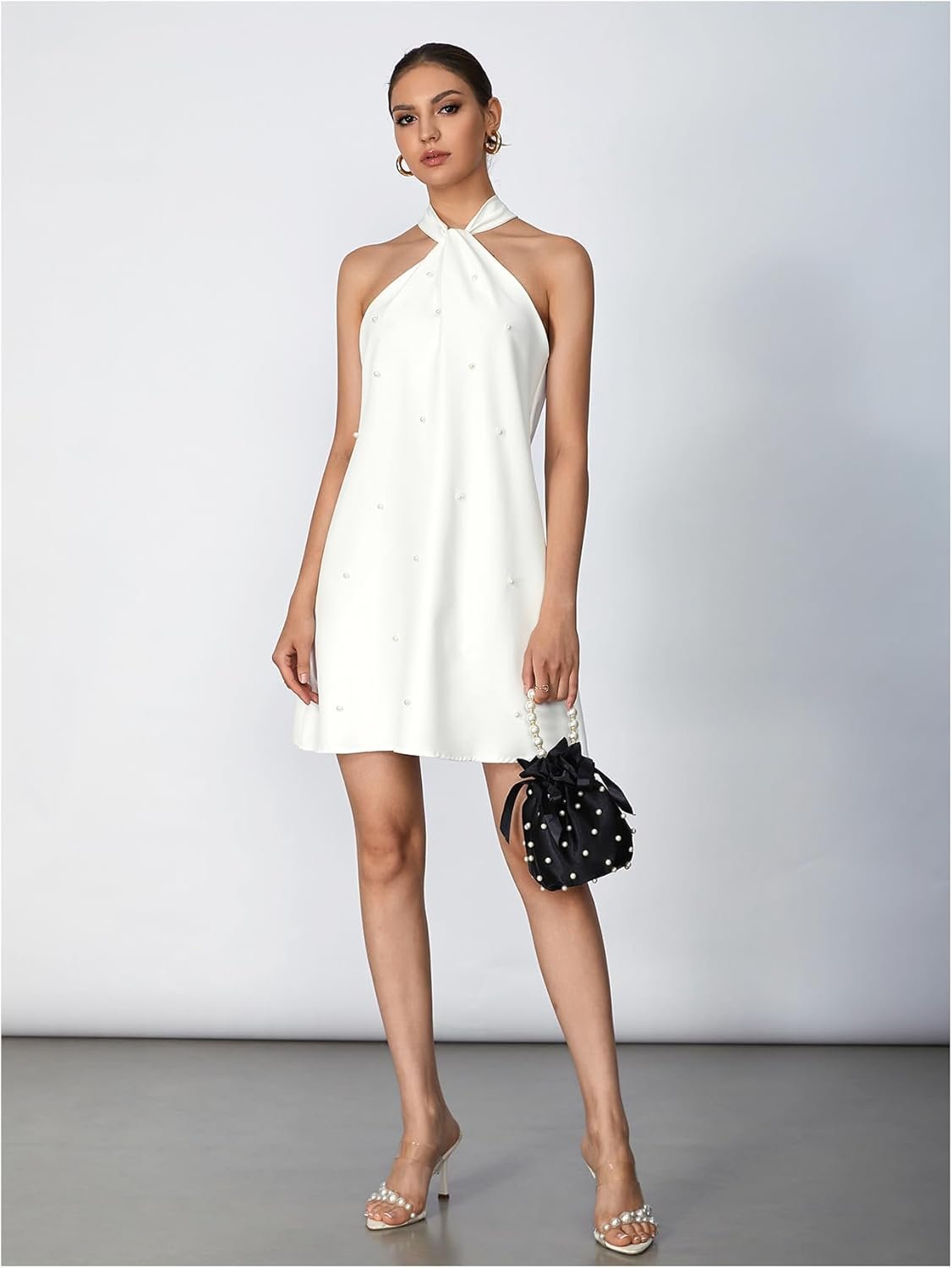 Floerns Women's Pearl Beaded Halter Twist Sleeveless Tie Back Dress A Line Dress - Image 5