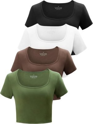Kole Meego Square Neck Crop Tops for Women Workout Tops Trendy Going Out Tops Gym Summer Shirts 4 Pack