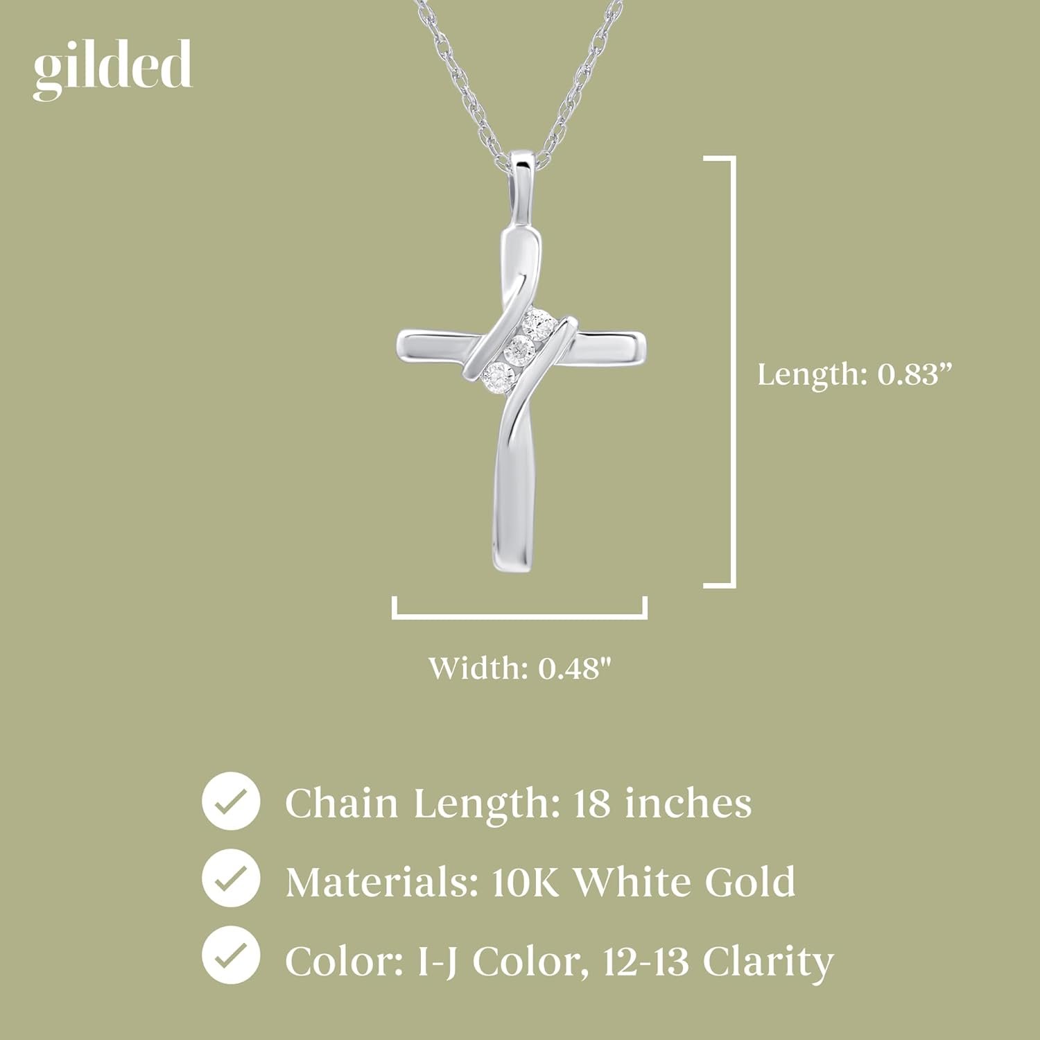 GILDED Small 10K White Gold Natural Round-Cut Diamond Accent (I-J Color, I2-I3 Clarity) 3 Stone Cross Pendant-Necklace,18" - Image 4