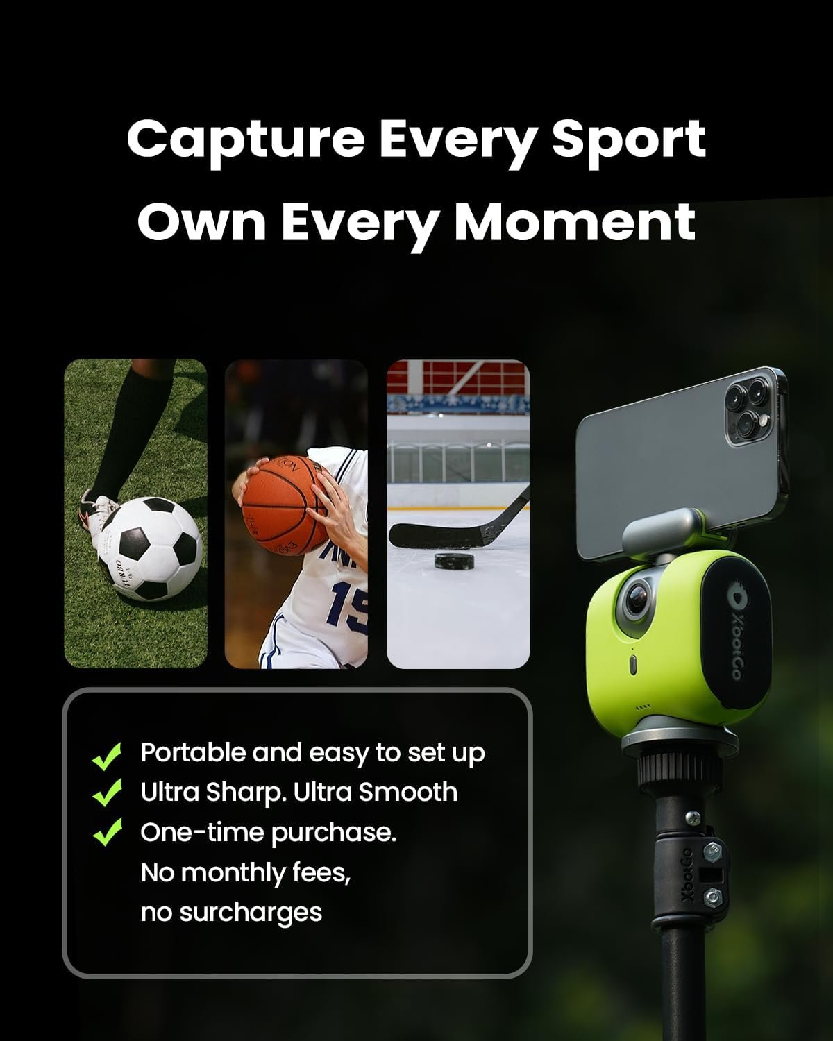 XbotGo Chameleon AI Auto Sports Action Camera - 4K 60FPS Soccer Camera and Basketball Tracking Camera for Team Sports, Live Streaming, No Subscription, Works with iOS & Android (Lava Graphite) - Image 8