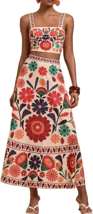 Womens Printed Skirt Outfits Floral Halter Crop Top A Line Maxi Skirt Casual Going Out Set...