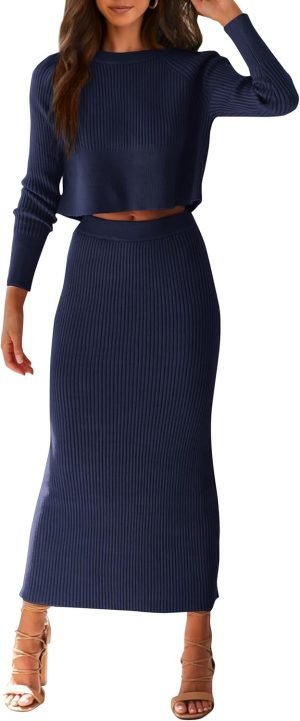 PRETTYGARDEN Women’s Spring Fall 2 Piece Sweater Set Rib Knit Long Sleeve Crop Top M...