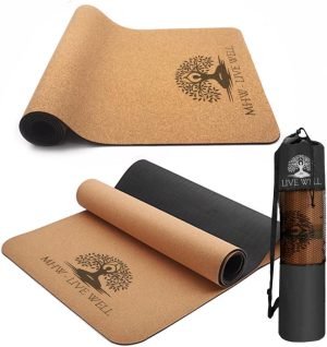 MHW – Live Well Thick Non-Slip Yoga Mats for Home Workout – Eco-Friendly Cork & TPE Yoga Mats | Extra Wide, Long, Foldable, Odorless Exercise Mats with Strap & Bag – Travel-Friendly & Portable