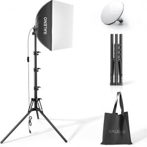RALENO Softbox Photography Lighting Kit, 16” x 16” Softbox Lighting for TikTok with LED Bulb (50W | 5500K | 97 CRI | TLCI≥97), Continuous Light for Video Recording & Photography Shooting