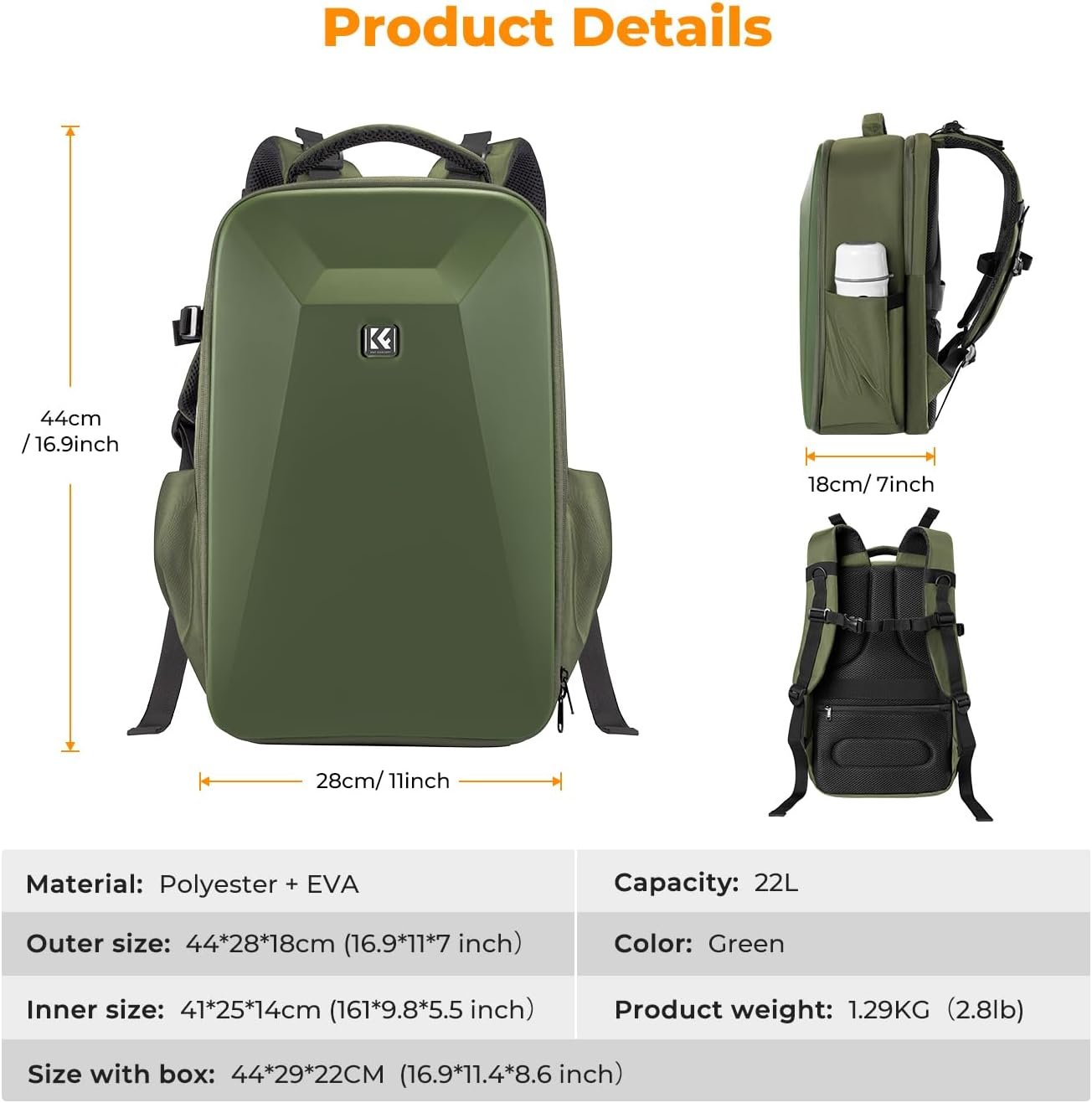 K&F CONCEPT Camera Backpack,Hardshell Photography DSLR Camera Bag with 15-15.6 Inch Laptop Compartment Hard Shell Camera Case Compatible with Canon/Nikon/Sony/DJI Mavic Drone - Image 7