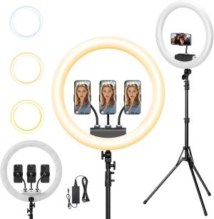 Ring Light with Stand and Phone Holder, 19″ Ring Light Tripod for iPhone, Professional LED Circle Light with 78″ Tripod, Selfie Ringlight for Live Streaming, Makeup, Barber, TikTok, YouTube, White