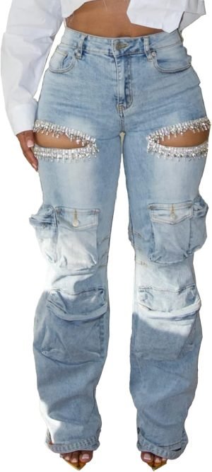 Unybwonn Women Rhinestone Cargo Jeans High Waisted Baggy Sexy Sparkly Cut Out Ripped Distr...