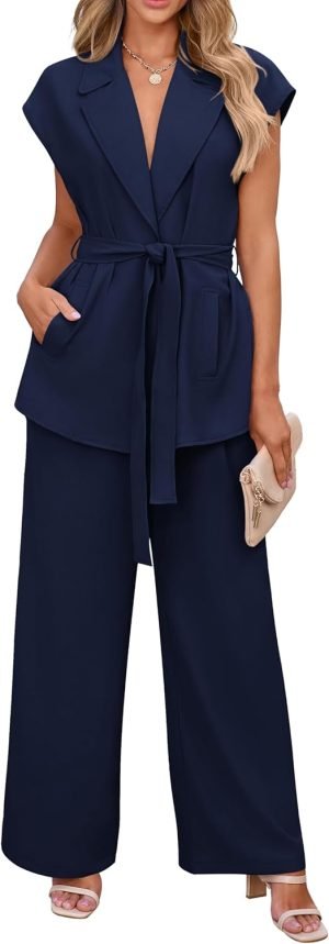 PRETTYGARDEN Women’s Summer 2 Piece Outfits 2025 Cap Sleeve V Neck Blazer Vest Wide ...